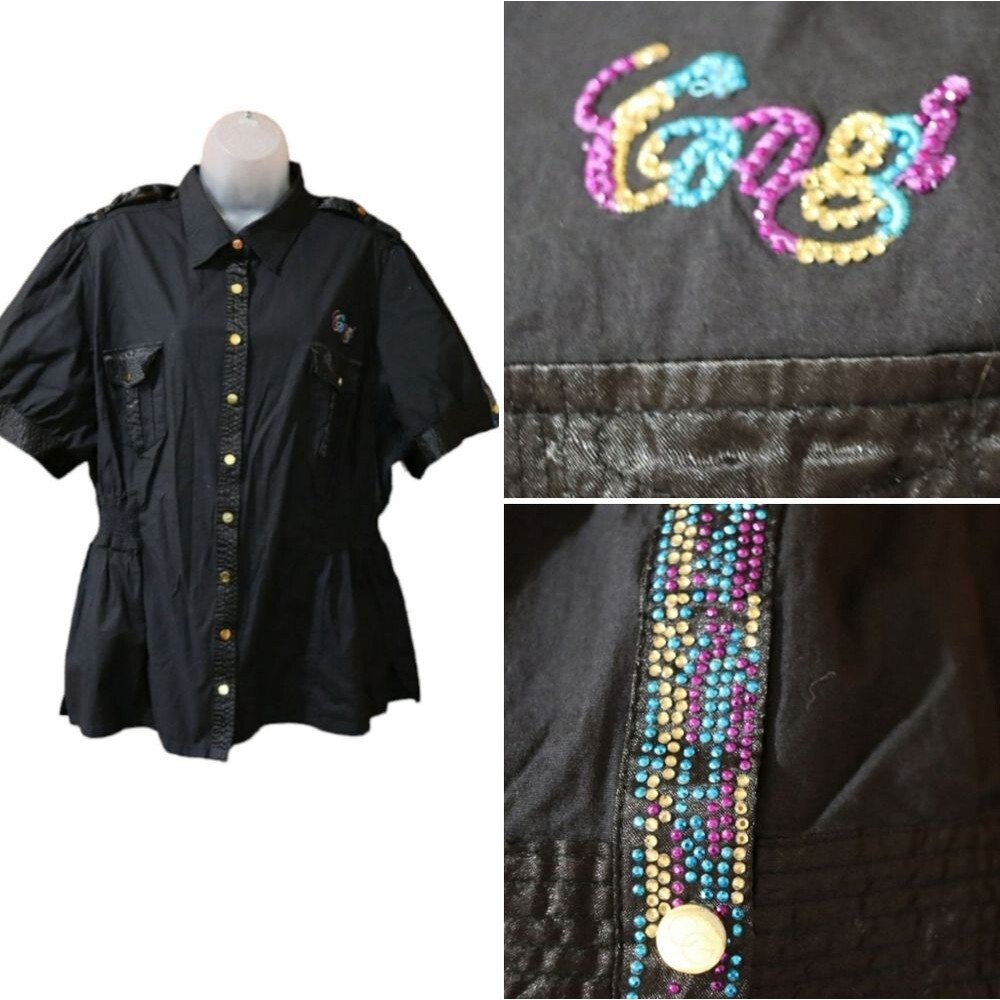 Coogi Black Military Rainbow Rhinestone Snap Button Down Top 3X